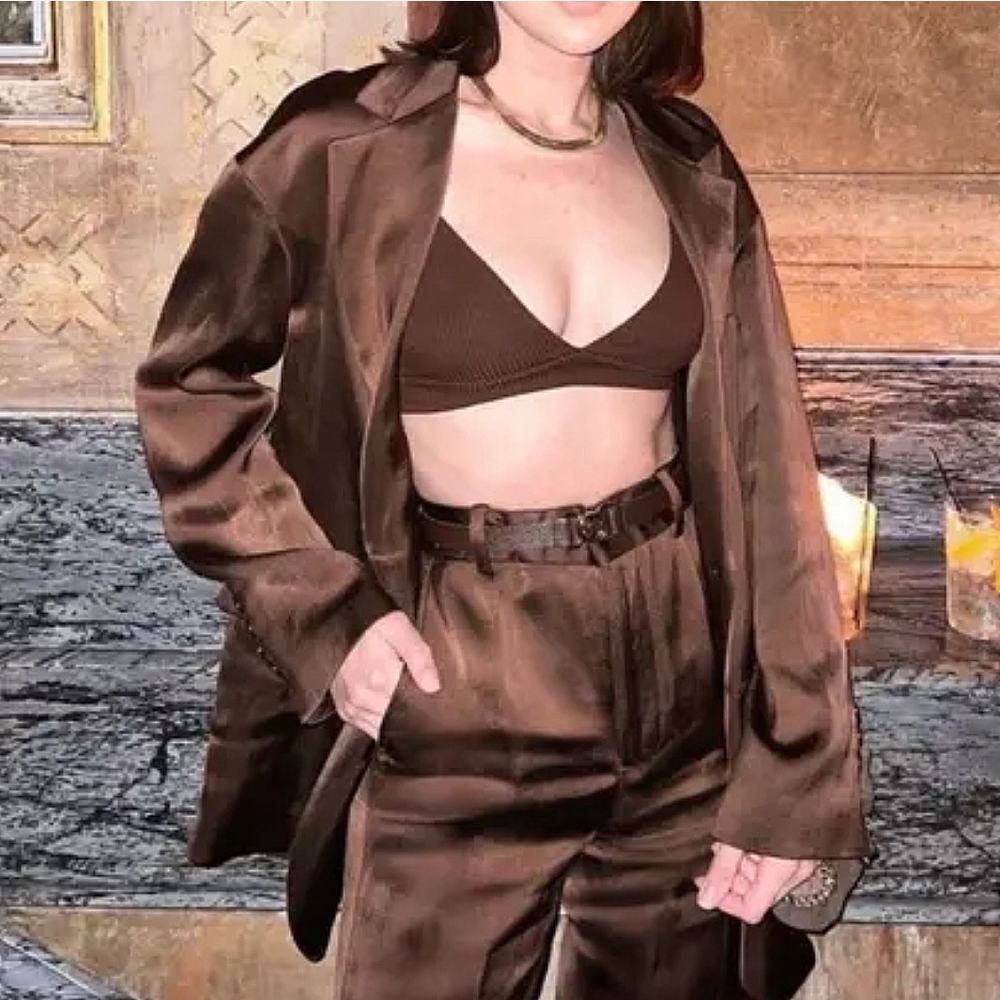 NWOT Zara Single Breasted Oversized Satin Blazer Jacket Sz M Brown NEW